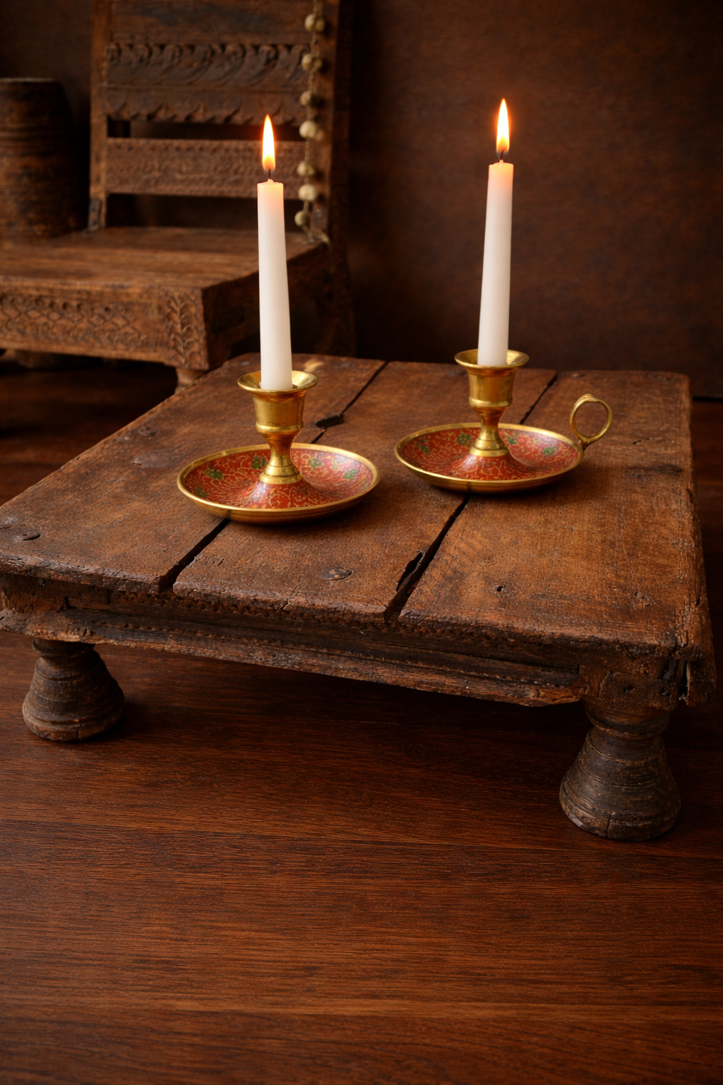 Pair of Red Enamel Chamberstick Candle Holder