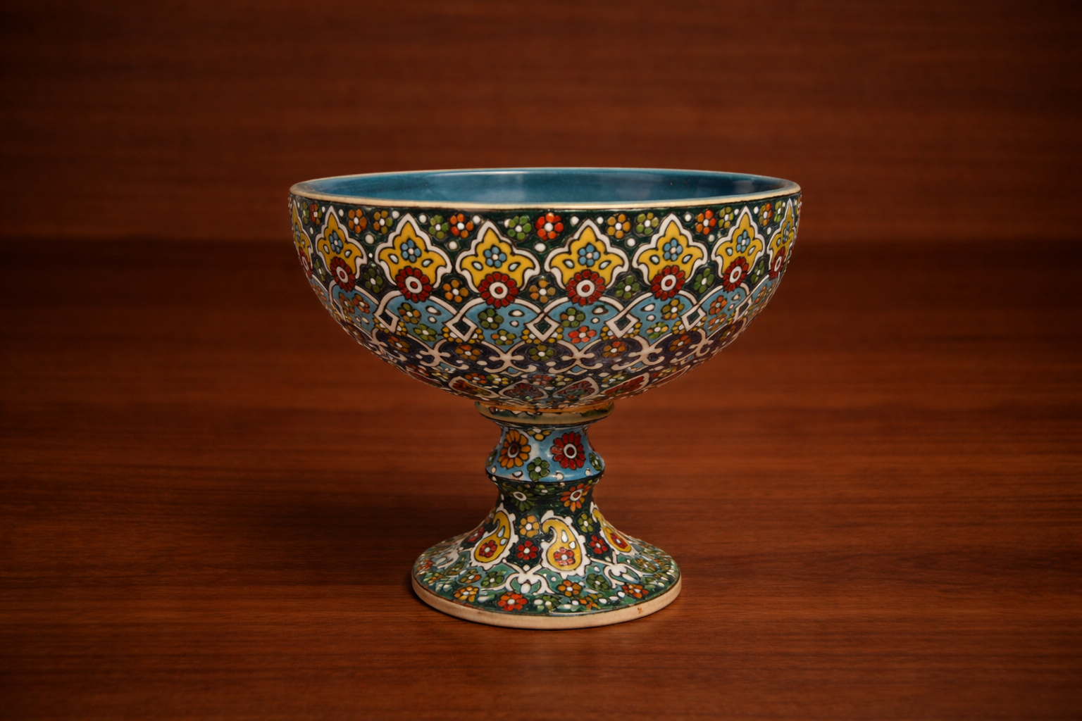 Blue Rim Enamel (Minakari) Pottery Pedestal Bowl