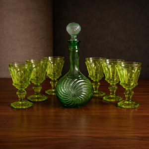 Green Glass Wine Decanter With Six Goblets