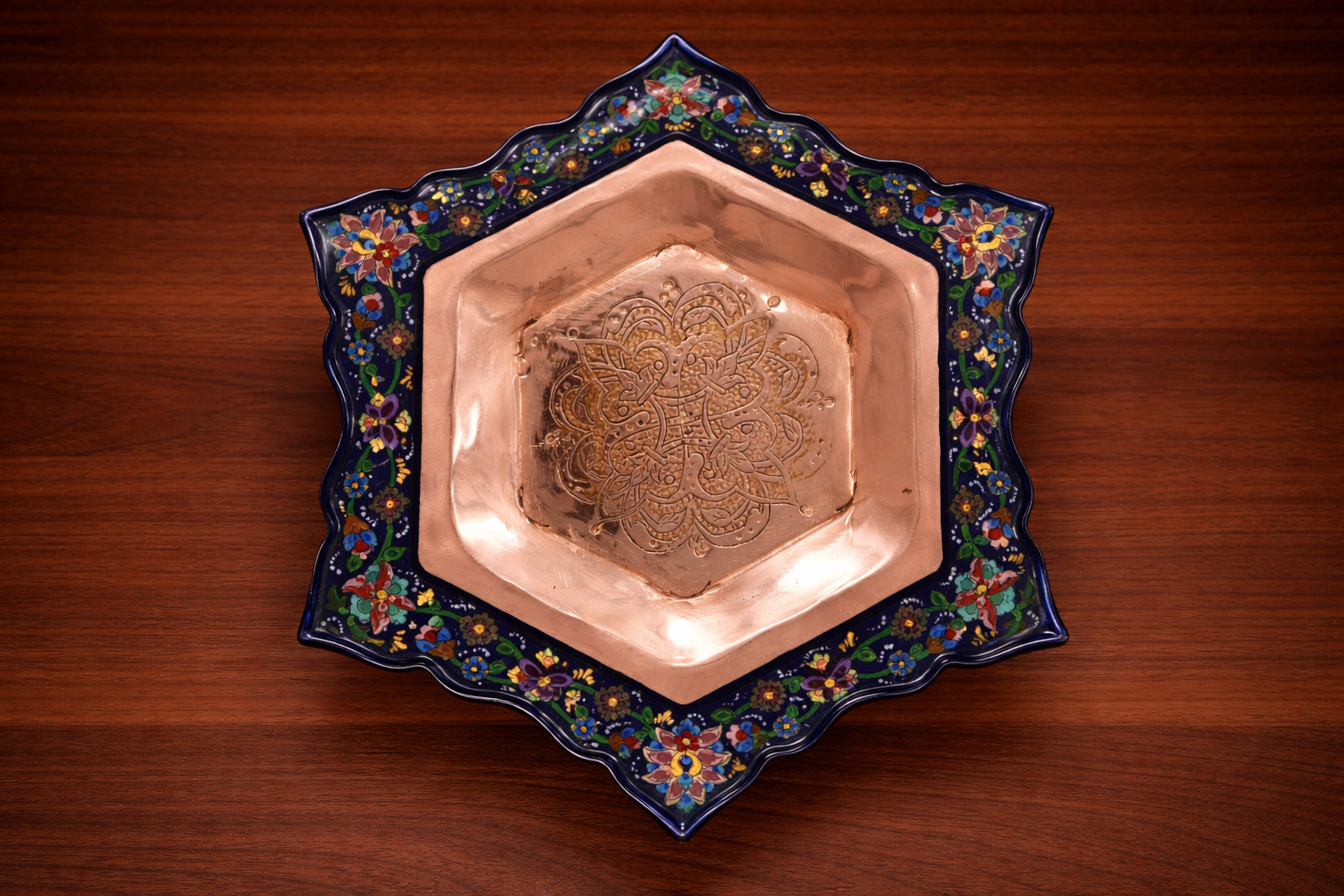 Pentagon Engraved Copper Pedestal plate with Enamel (Minakari) Rim