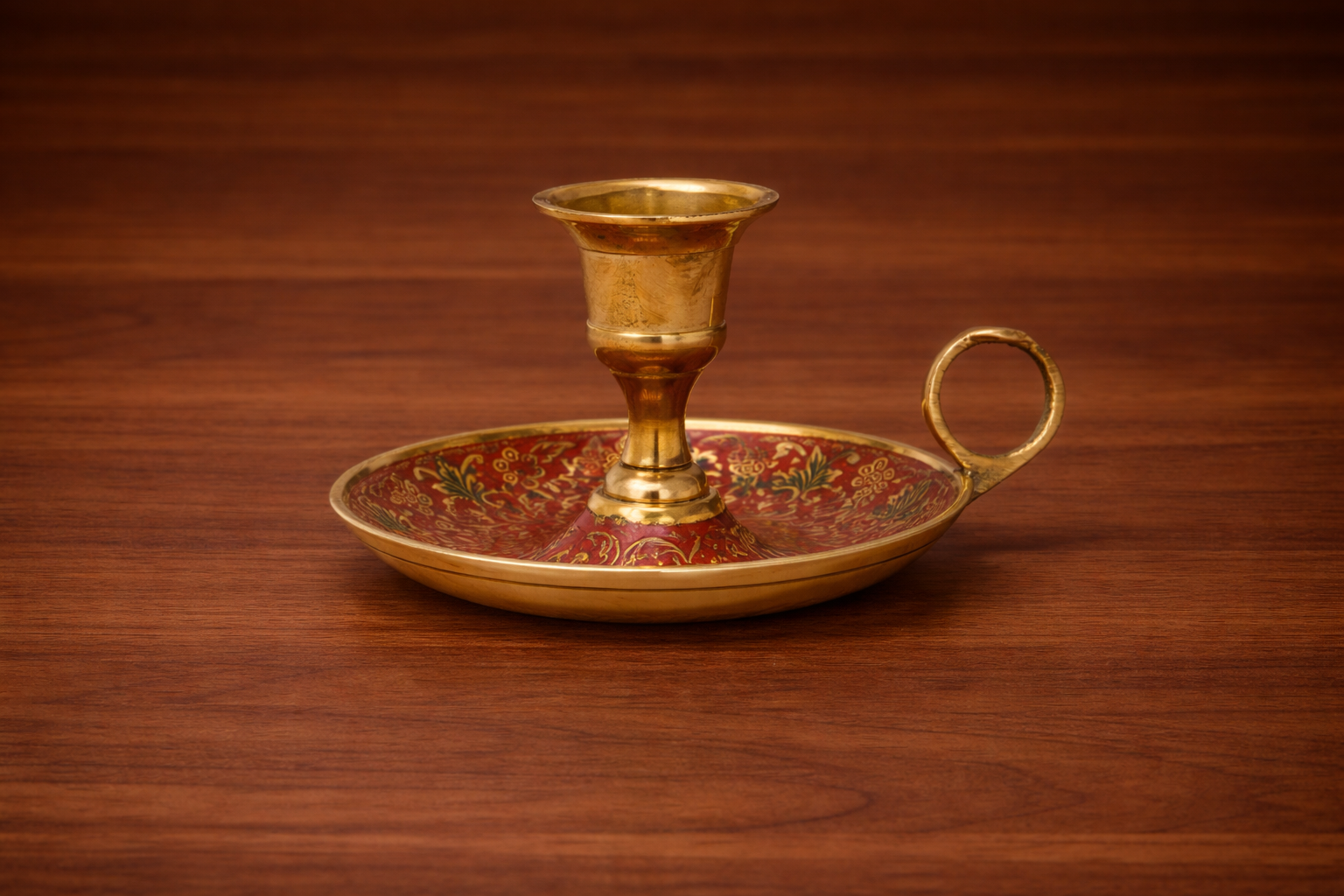 Persian Brass and Red Enamel Chamberstick Candle Holder - Image 2
