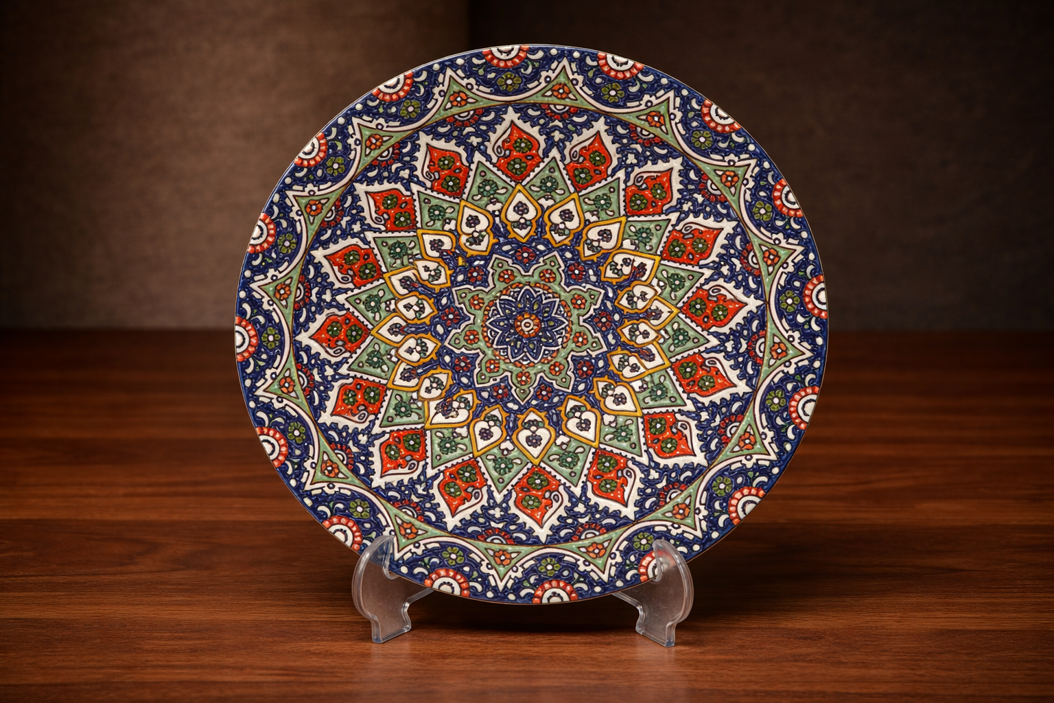 Decorative Enameled Pottery Plate With Geometric Pattern